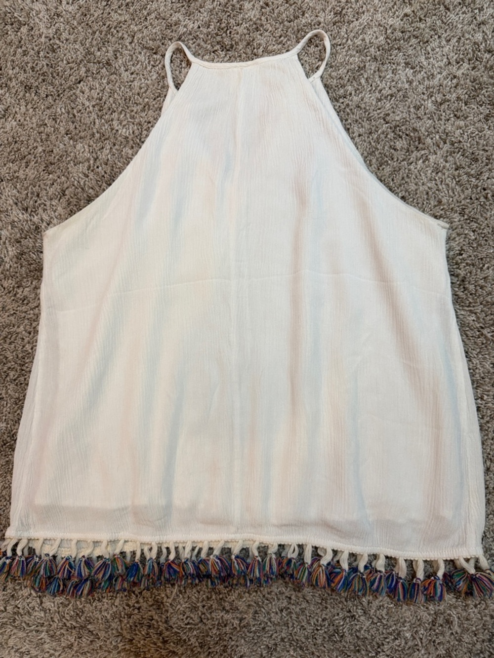 Francesca’s Alya Boho White Halter Top, Split Neck,Tie & Tassel Fringe Size L
